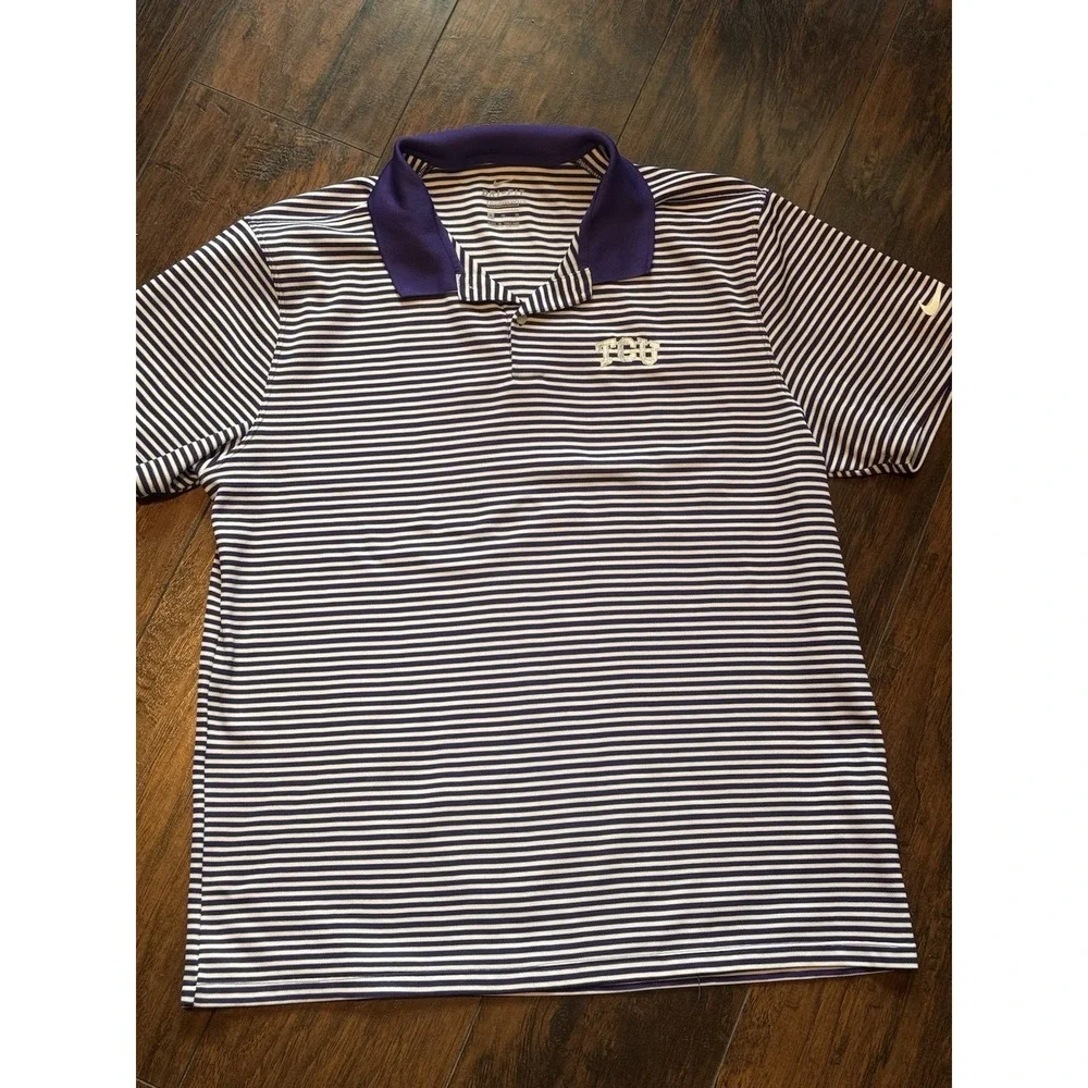 Nike TCU Golf Dri-FIT Mens X-Large Purple White Stripe Polo Shirt XL Horned Frog